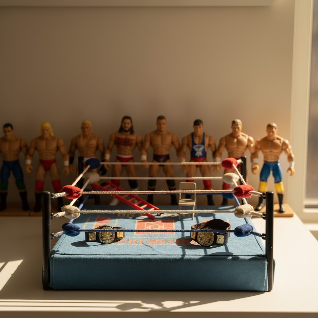 Two wrestling championship belt toy replicas on a miniature wrestling ring, with toy wrestlers standing by in the backgrou...