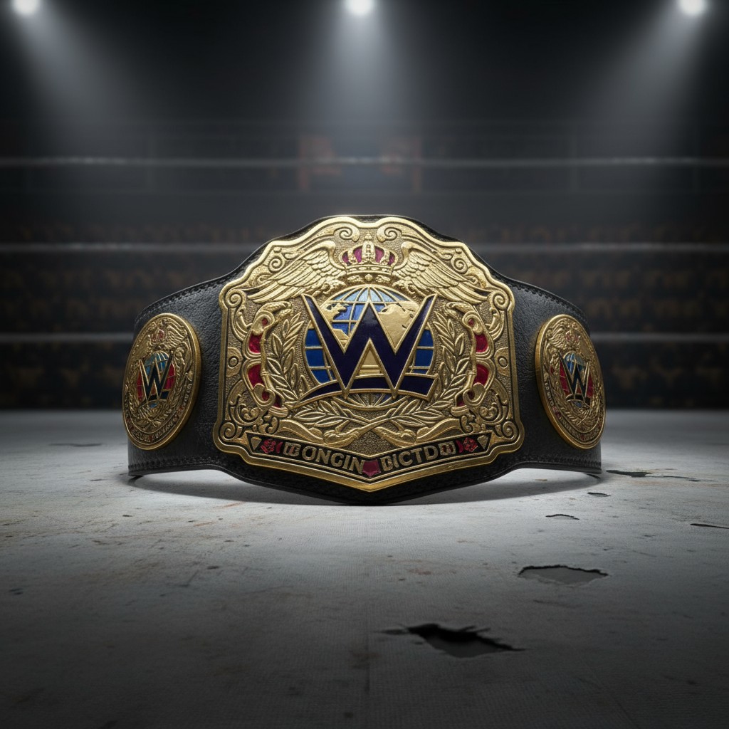 **A digital rendering of a leather championship belt with two emblems on either side, prominently displaying the WWE logo ...