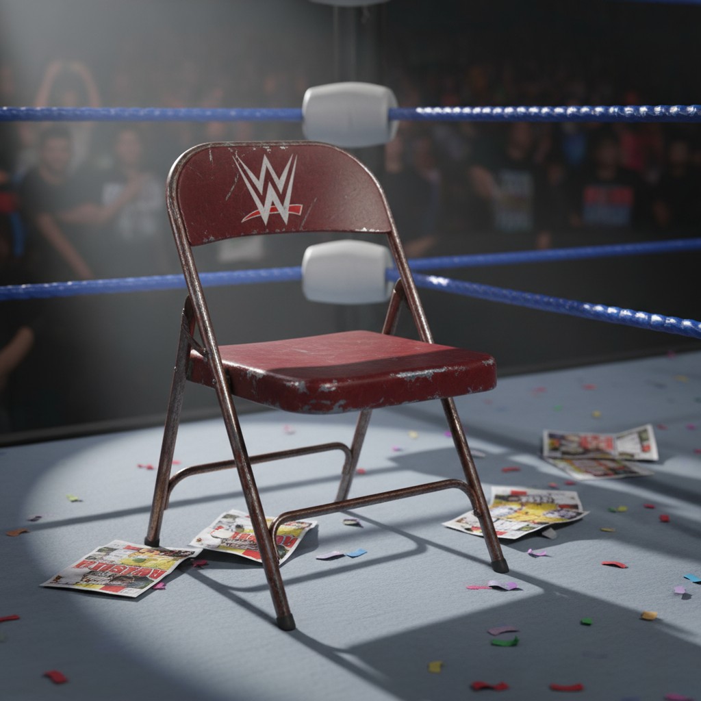 Old, metal WWE chair sitting in a ring with confetti scattered around it.