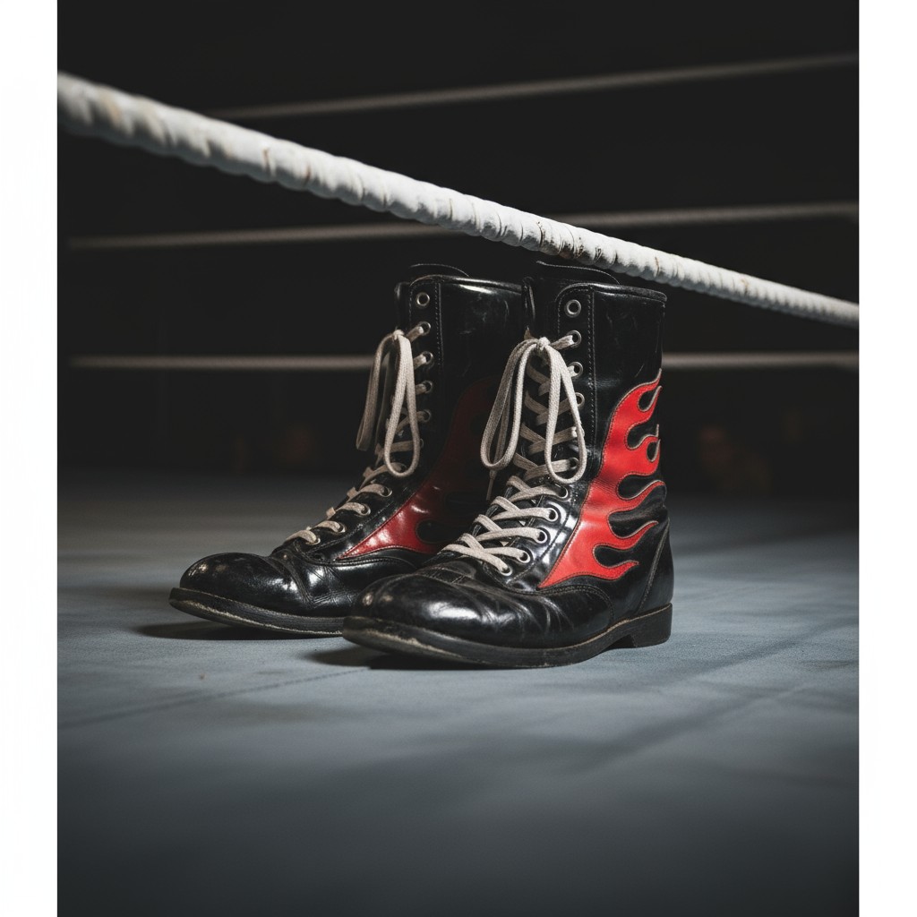 The black wrestling boots with red flames feature off-white laces and are adorned with a white sole, set against a backdro...